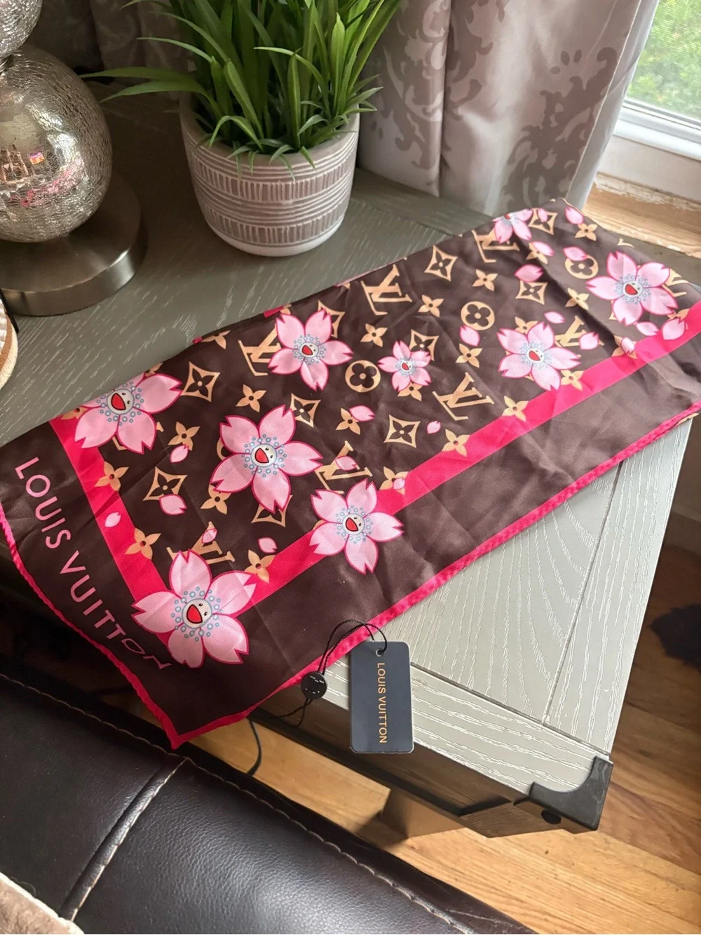 FASHION  Pink & Brown Floral Silk Scarf